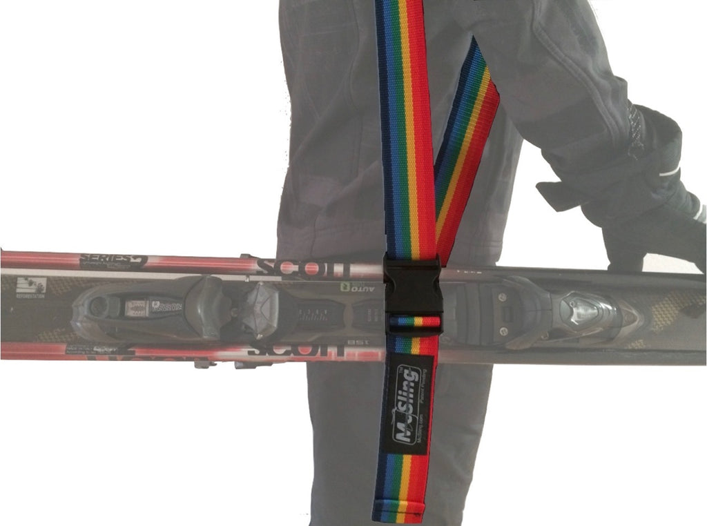 McSling4Snow is a rainbow color snow ski / snowboard carry strap that only needs to wrap around the item once